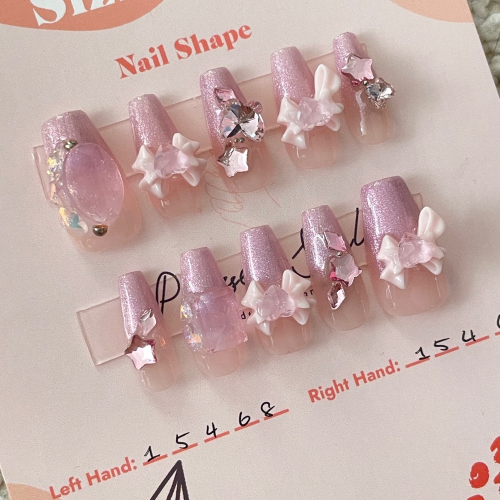 Pink Glitter w Charms Reusable Press-On Nails with Prep Kit